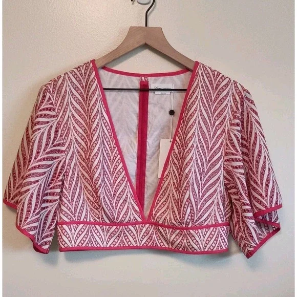 Lovers + Friends Red White Embroidered Eyelet Crop Top Boho V Neck Revolve NWT L - Picture 2 of 11